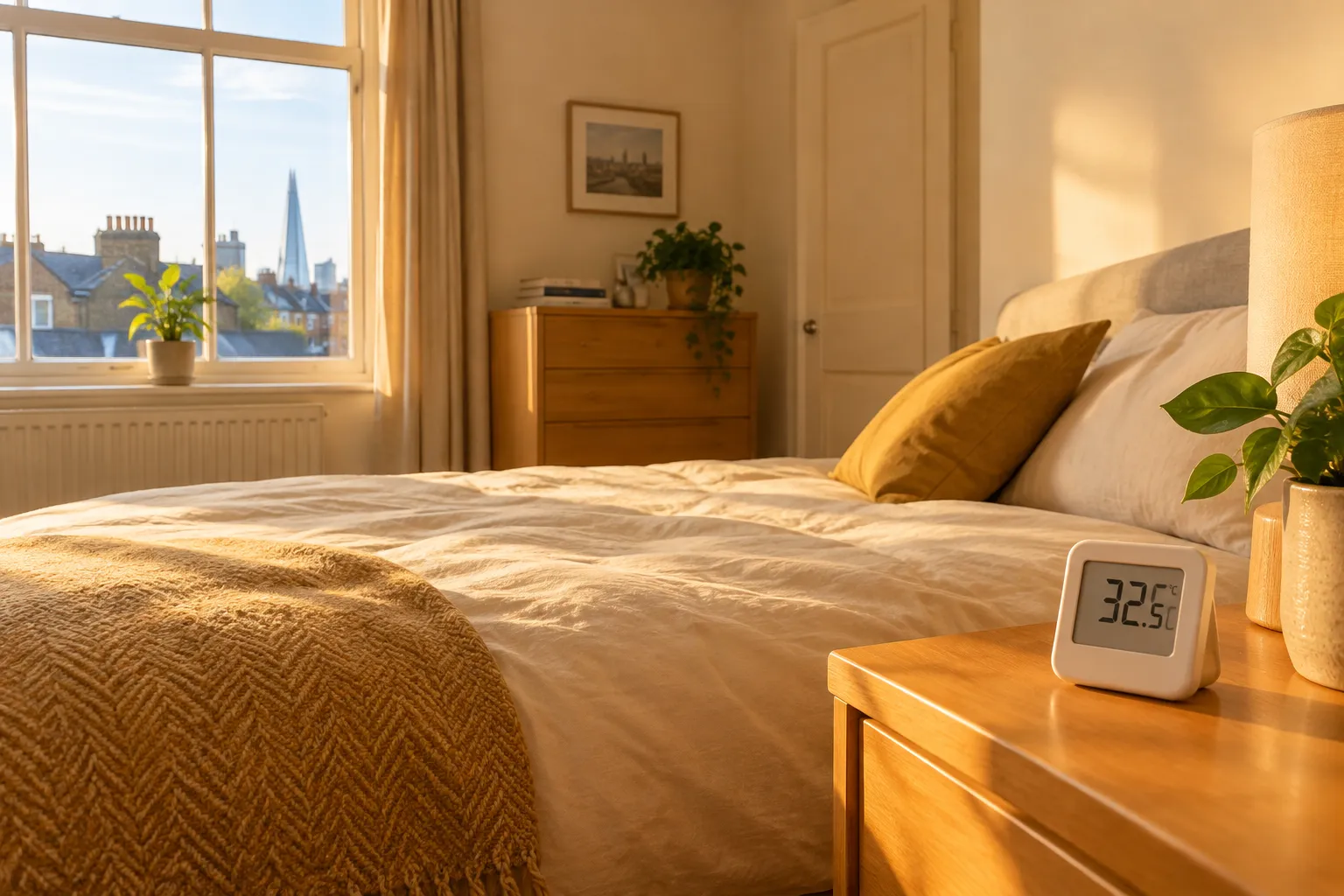 A bedroom filled with warm light and a thermometer on a bedside table